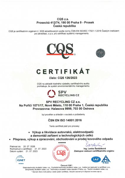 SPV Recycling získala certifikáty ISO 9001 a ISO 14001